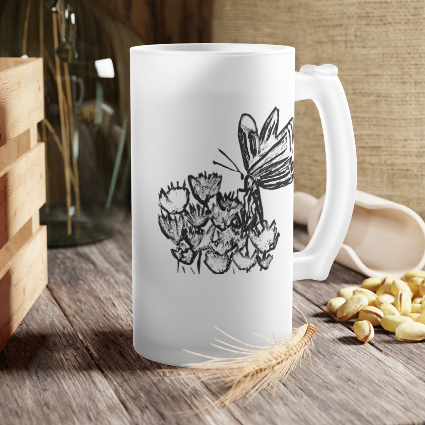 Frosted Glass Mug [16oz] Butterfly